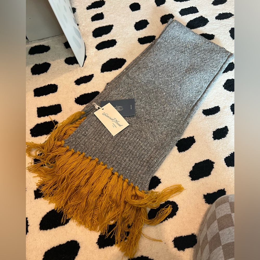 BNWT Universal thread grey and mustard gold yellow fringe scarf 94”x19” NEW